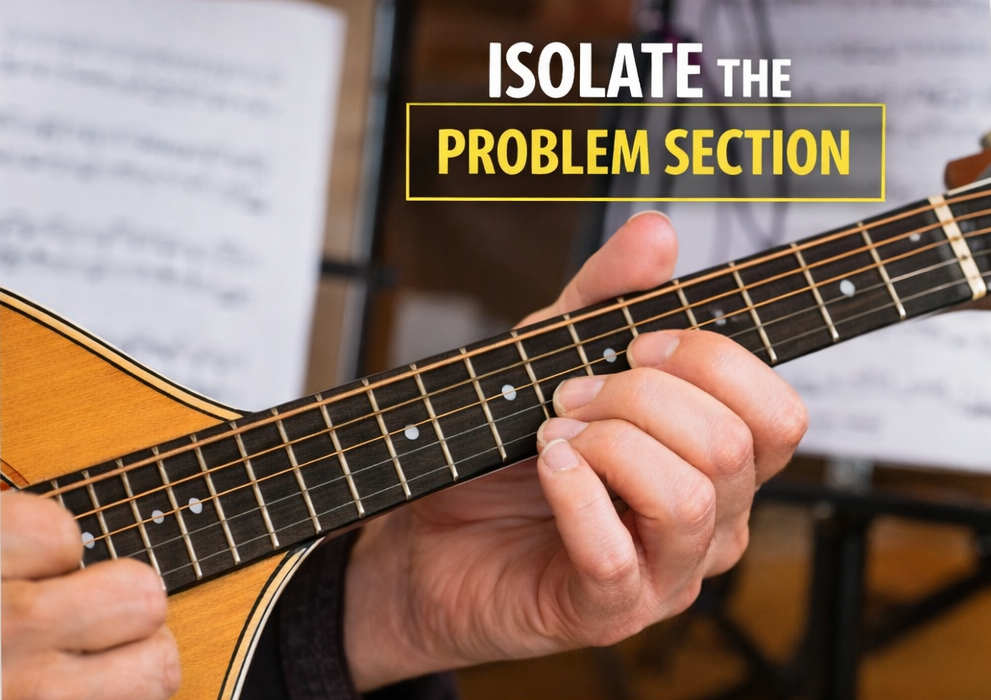 Close-up of Irish bouzouki fretboard showing hand isolating a tricky practice section.